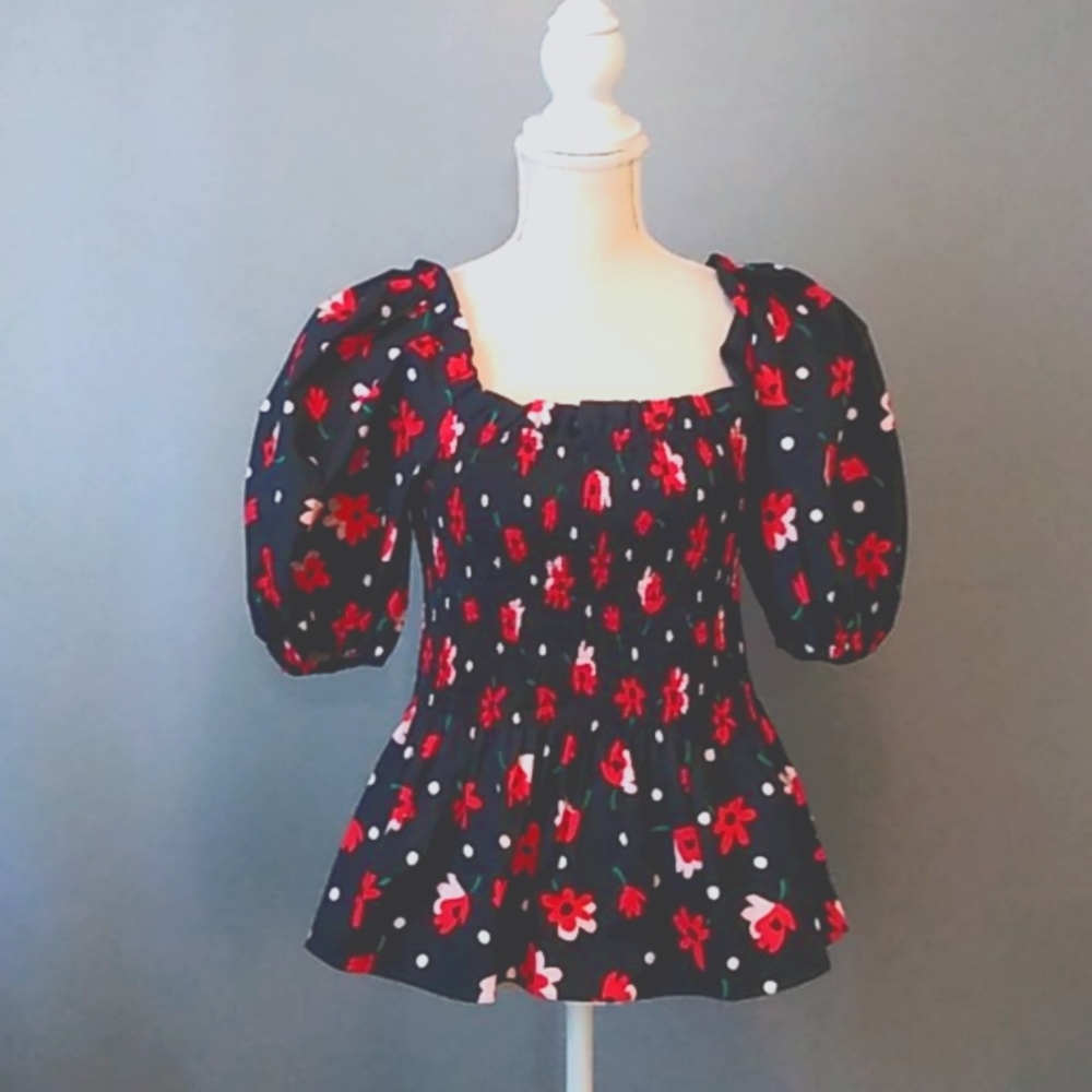 Kate spade new York-Puff sleeve smocked poplin top